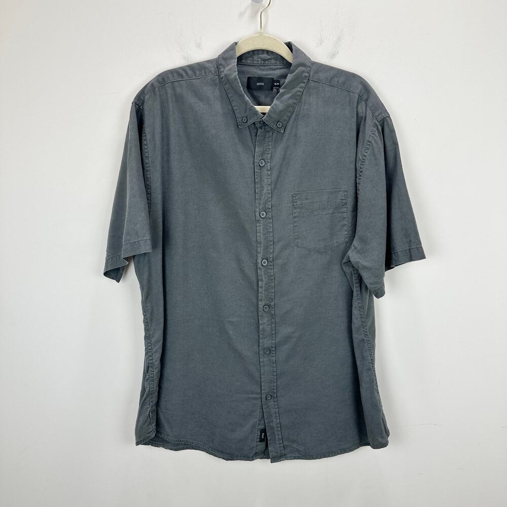 Onia Linen Blend Short Sleeve Button Down Shirt Gray Minimalist Vacation Mens XL